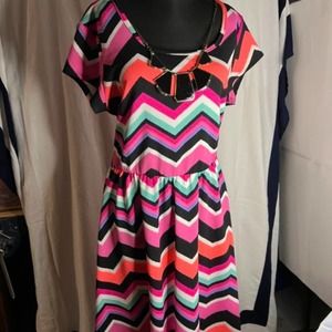 🌈Plus bright neon print skater dress with build in necklace detail, size 2x